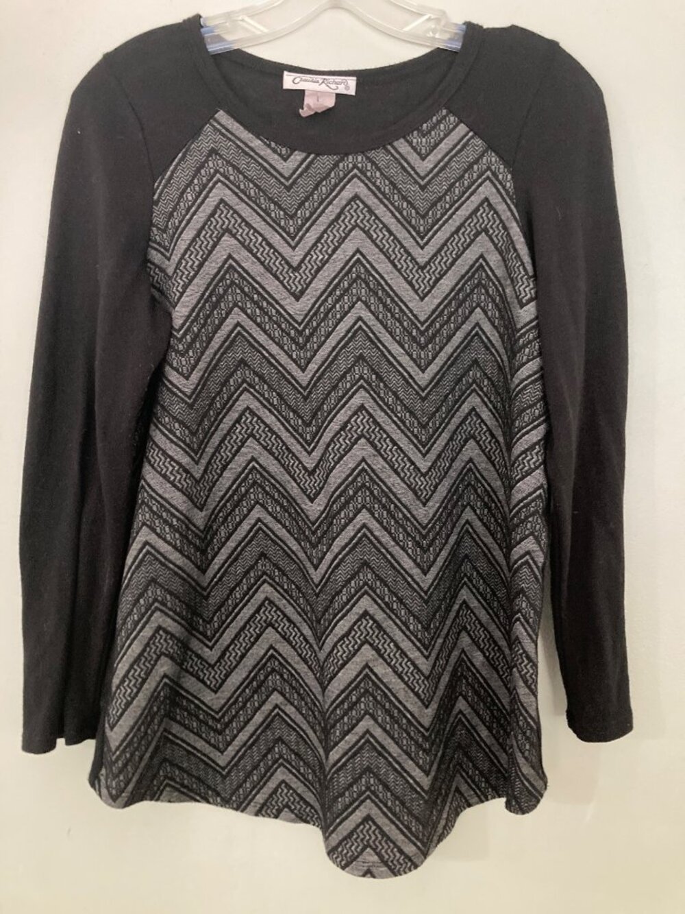 Claudia Richard Womens Chevron Long Sleeve Tunic Top Black & Gray M